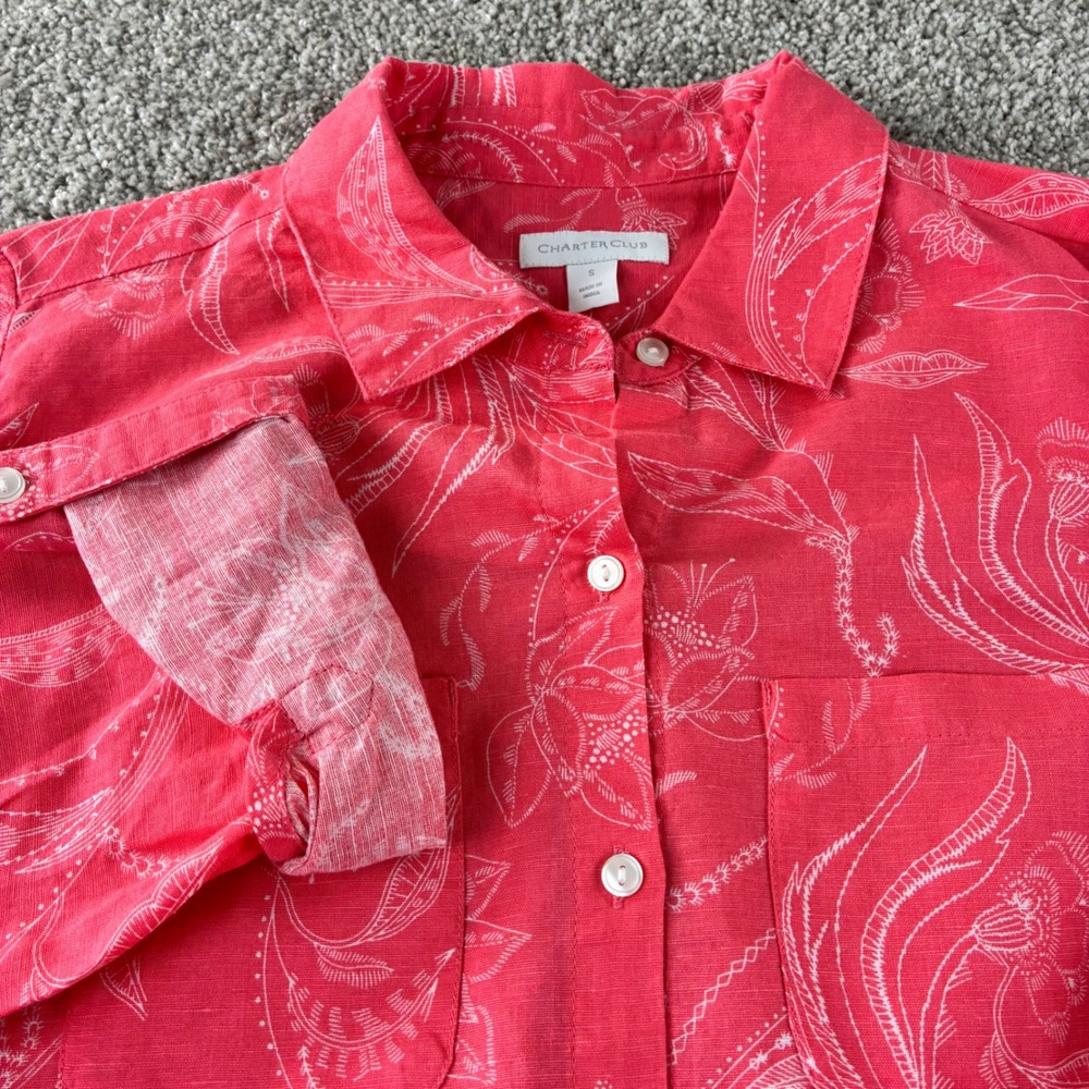Charter Club Floral Button Down Shirt Pink White Linen Cotton Blend Womens S‎
